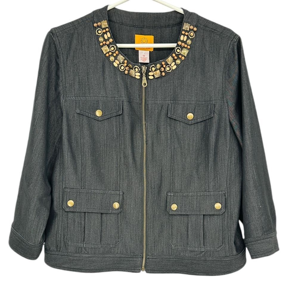 Ruby Rd Black Denim Jacket Womens Size 12 Beaded Embellished Zip Front Stretch - Picture 2 of 8